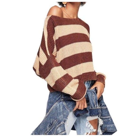 Free People Just My Stripe Pullover Sweater Womens Size Small Brown Beige Boxy - Picture 1 of 8